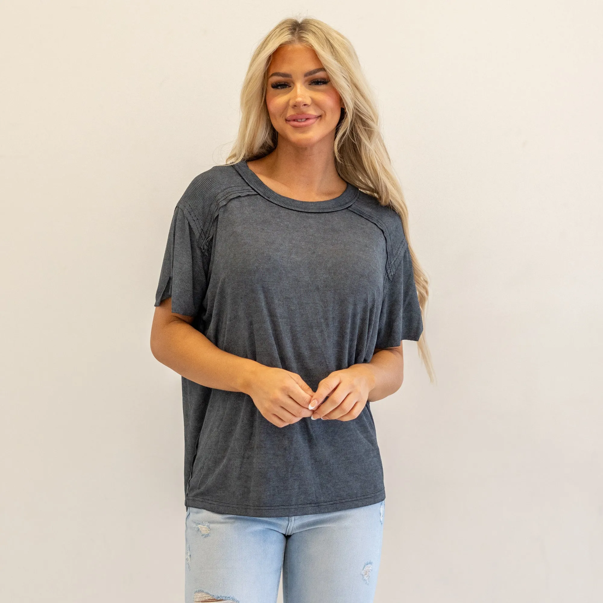 Washed Ribbed Short Sleeve Top