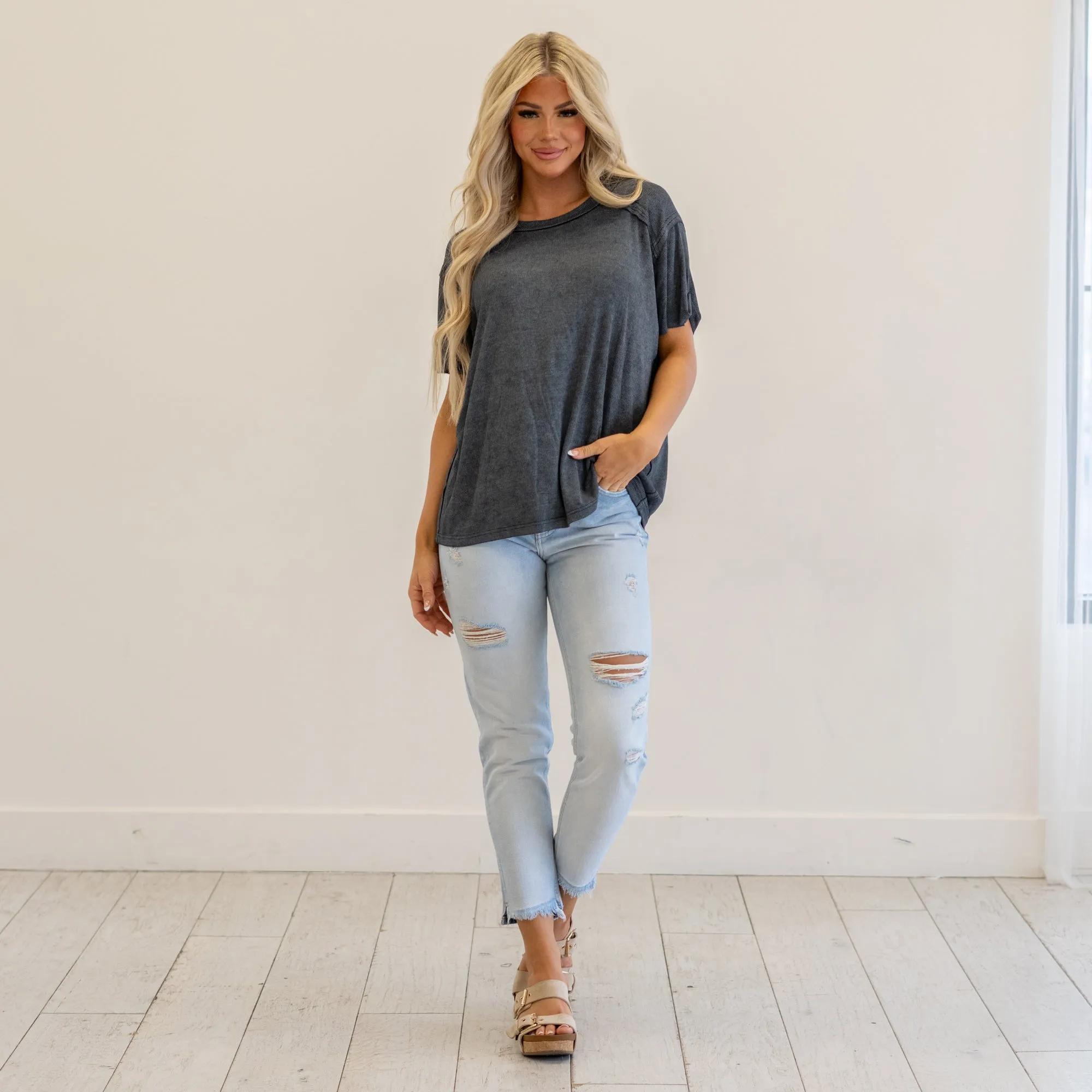 Washed Ribbed Short Sleeve Top