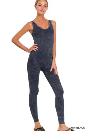 Washed ribbed sports Jumpsuit - ASH BLACK