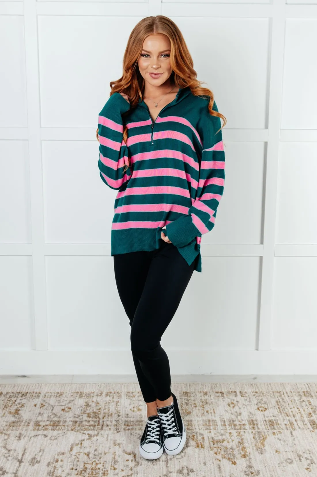 Well Situated Striped Quarter Zip Tunic Sweater in Green and Pink