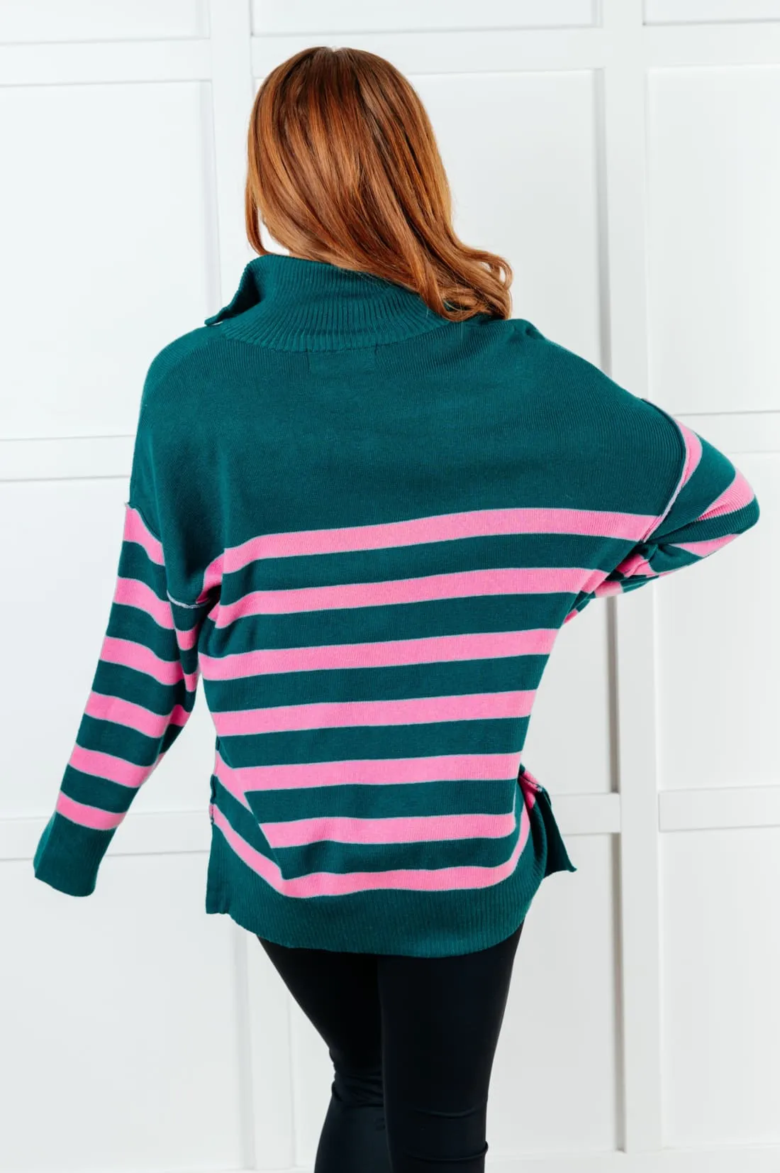 Well Situated Striped Quarter Zip Tunic Sweater in Green and Pink
