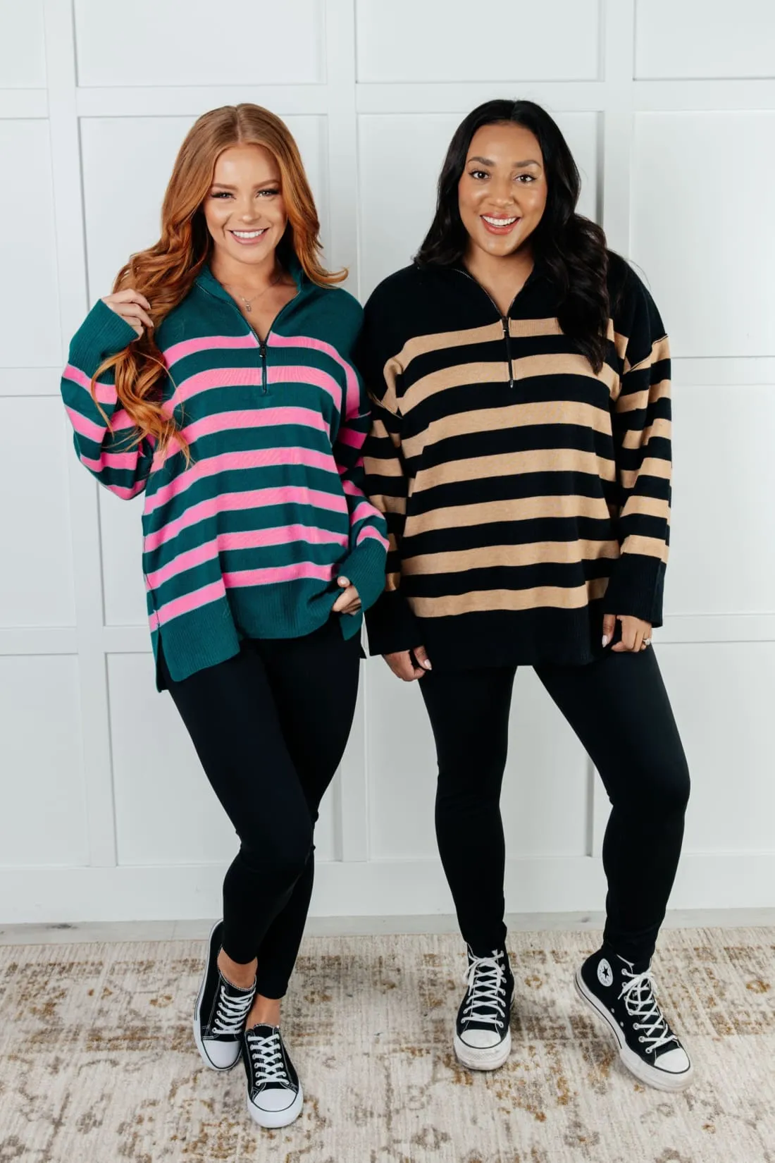 Well Situated Striped Quarter Zip Tunic Sweater in Green and Pink