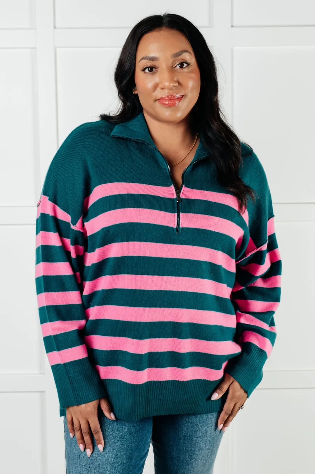 Well Situated Striped Quarter Zip Tunic Sweater in Green and Pink