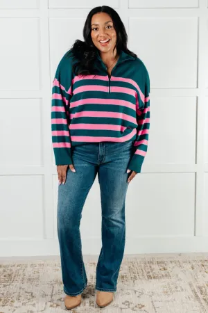 Well Situated Striped Quarter Zip Tunic Sweater in Green and Pink