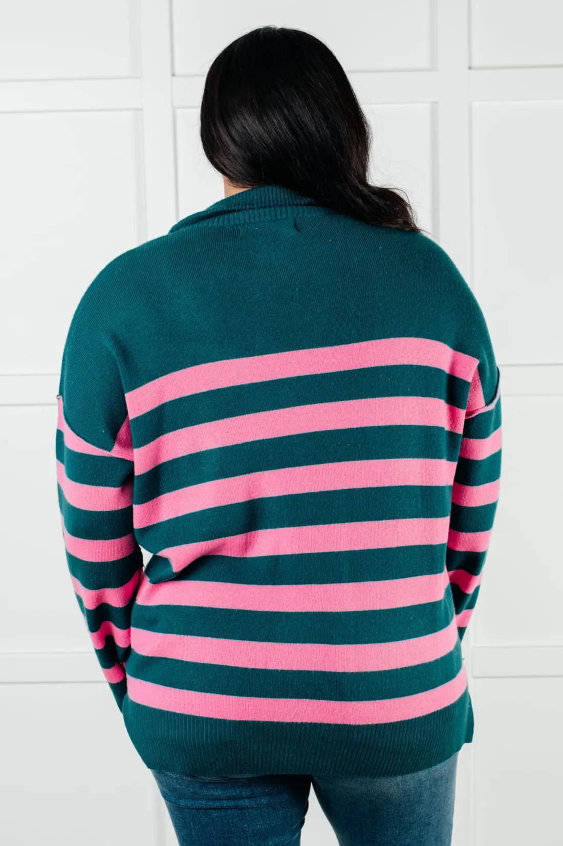 Well Situated Striped Quarter Zip Tunic Sweater in Green and Pink