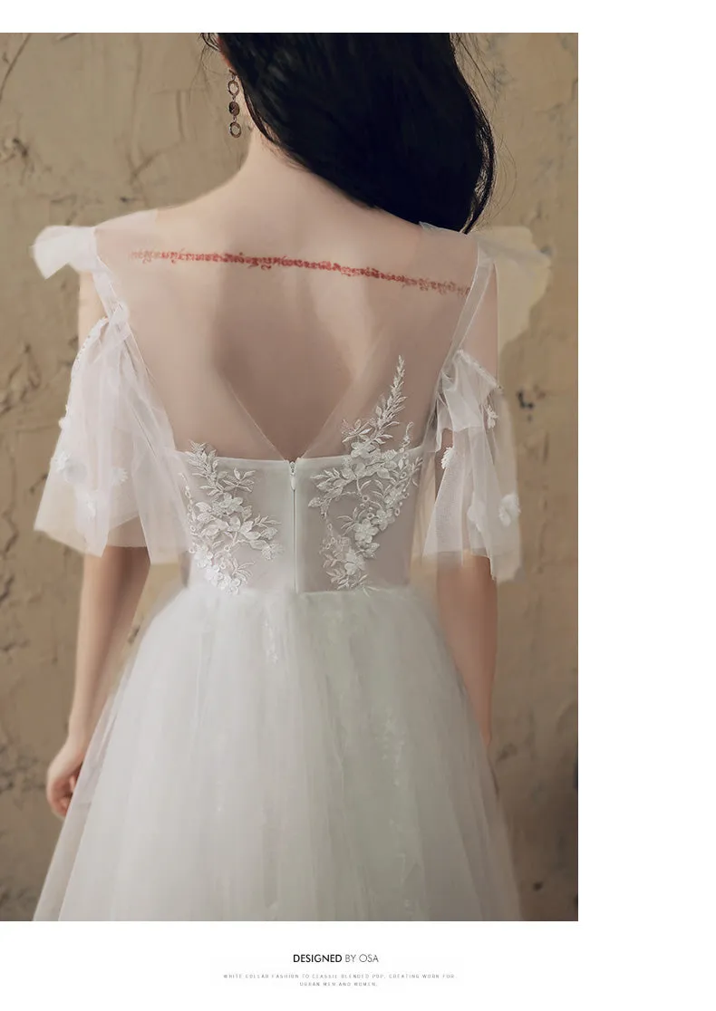 White A line lace long prom dress lace long evening dress