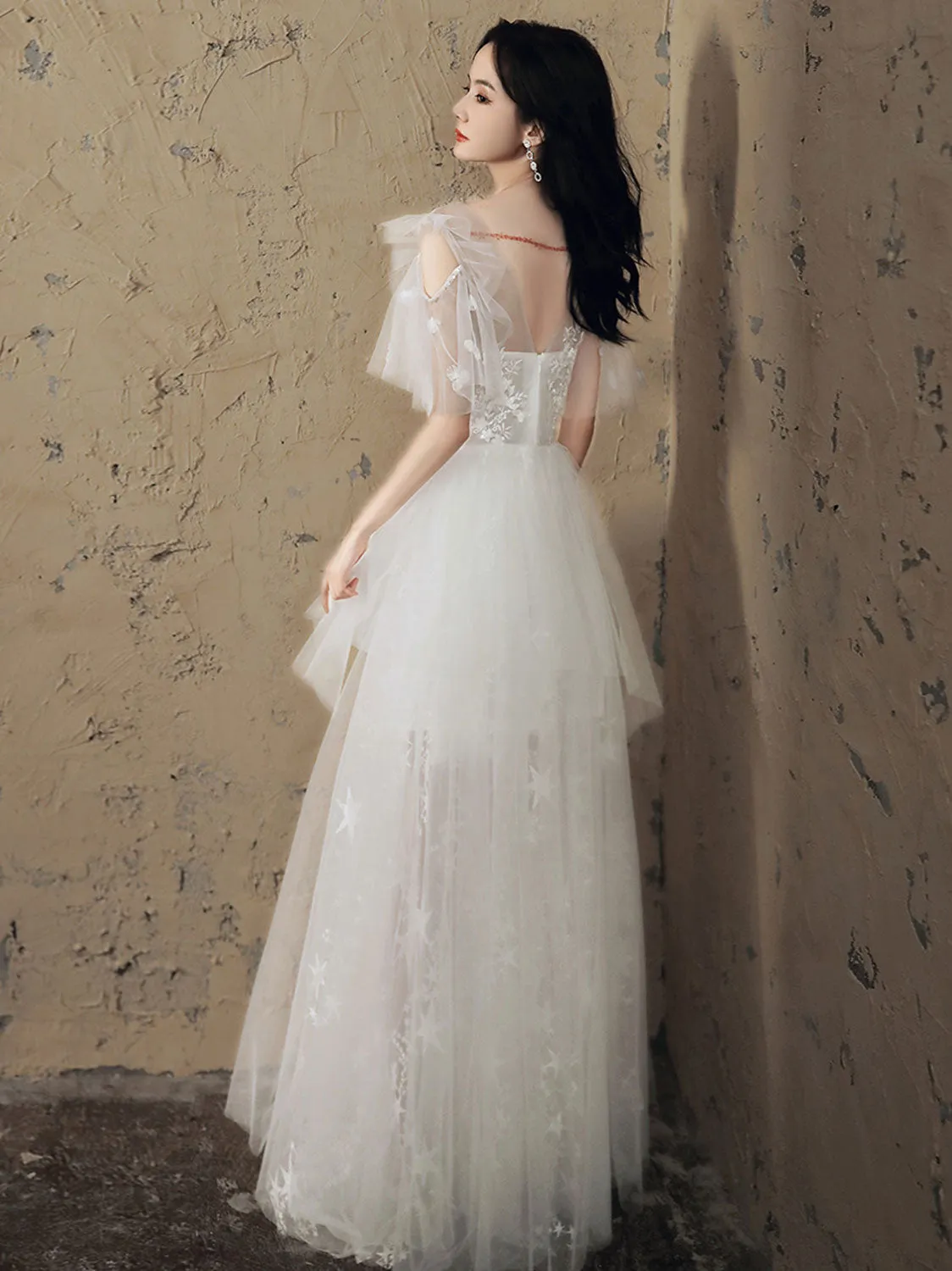 White A line lace long prom dress lace long evening dress