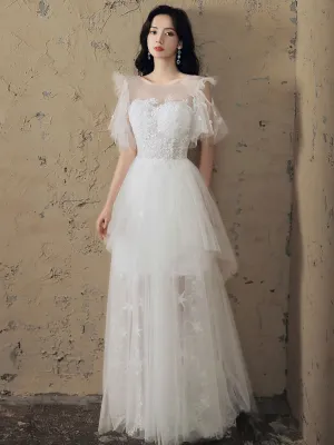 White A line lace long prom dress lace long evening dress