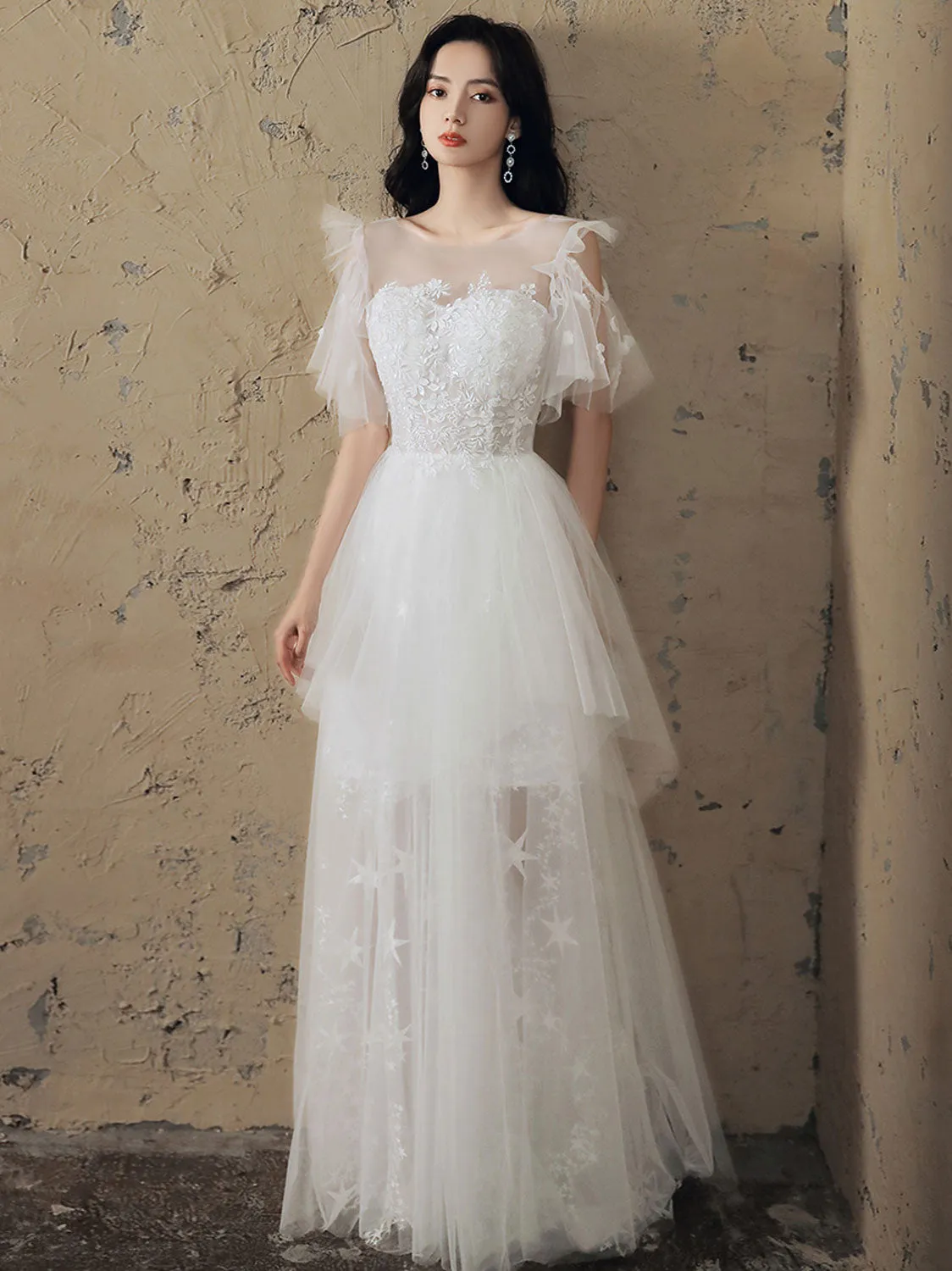 White A line lace long prom dress lace long evening dress