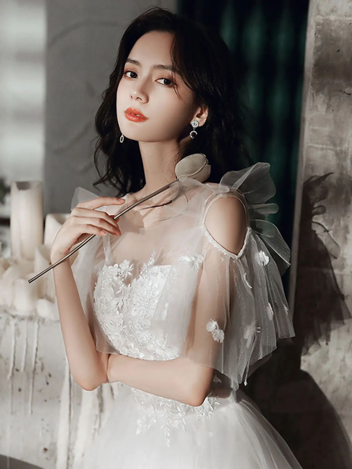 White A line lace long prom dress lace long evening dress