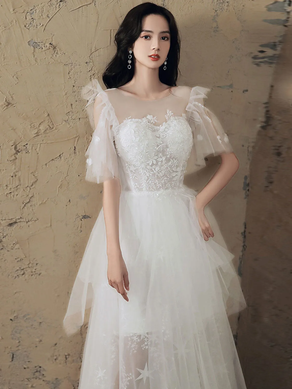 White A line lace long prom dress lace long evening dress