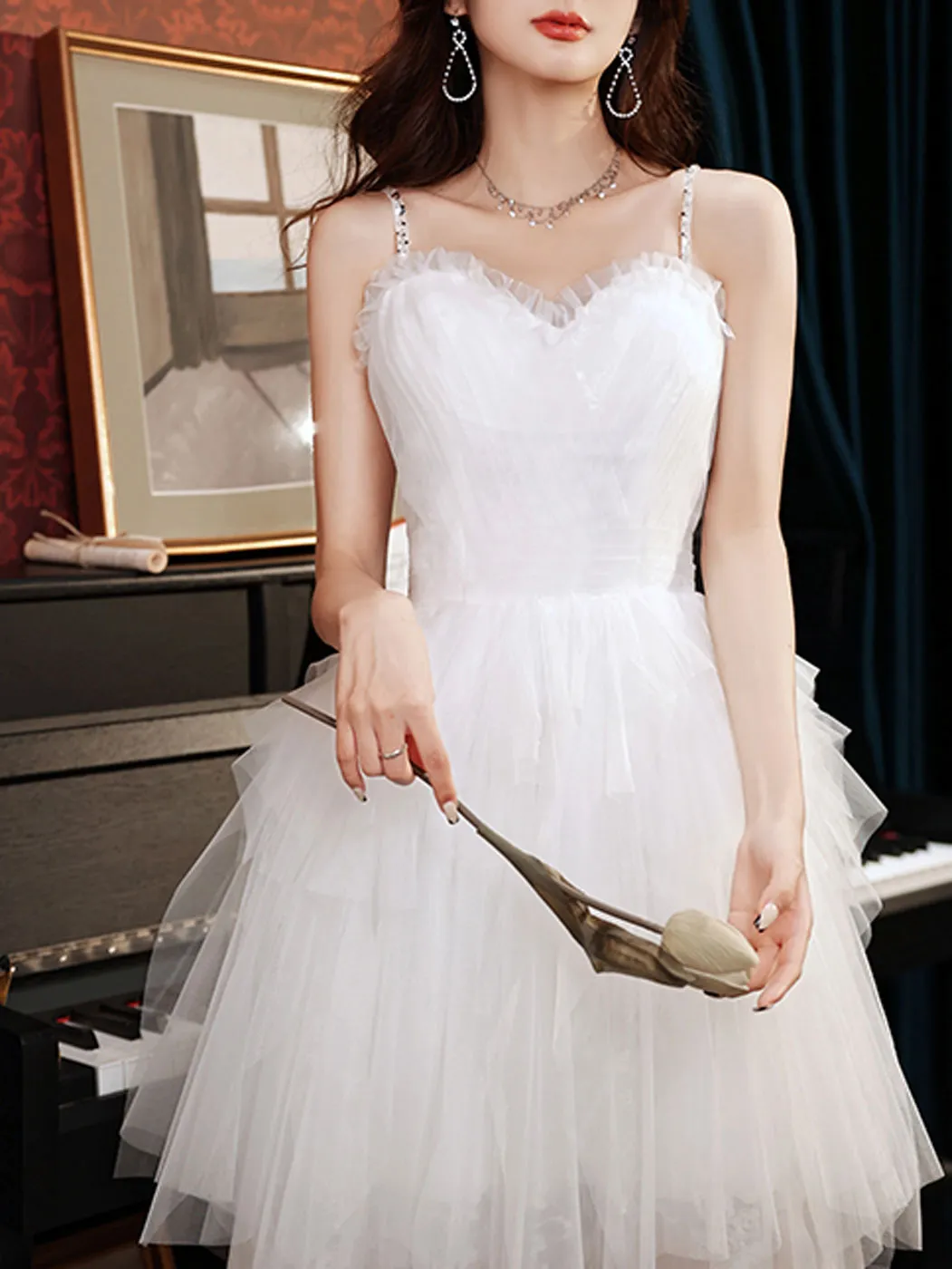 White A line tulle lace long prom dress lace long formal dress