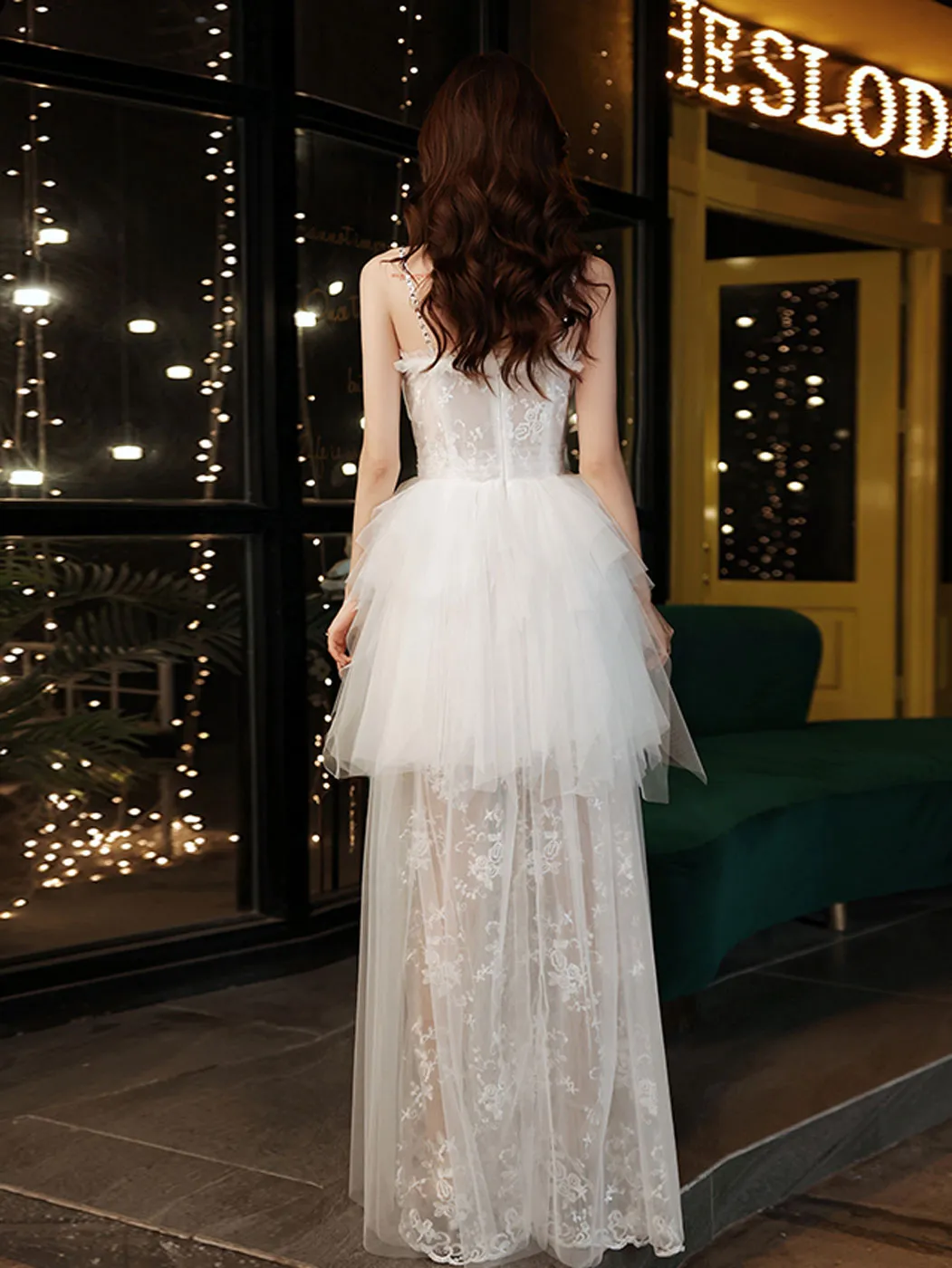 White A line tulle lace long prom dress lace long formal dress