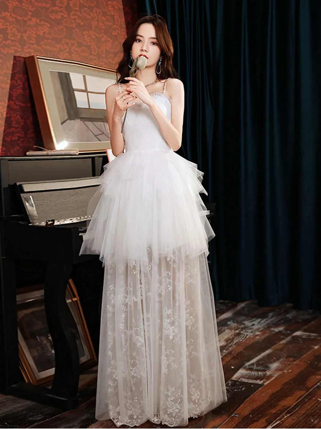 White A line tulle lace long prom dress lace long formal dress