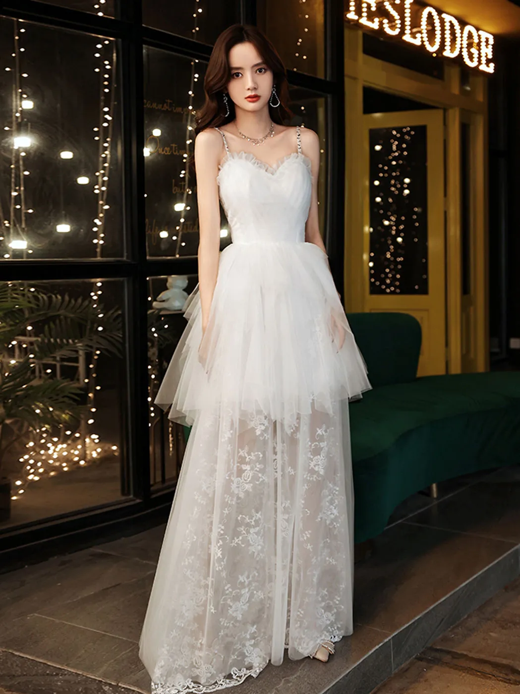 White A line tulle lace long prom dress lace long formal dress