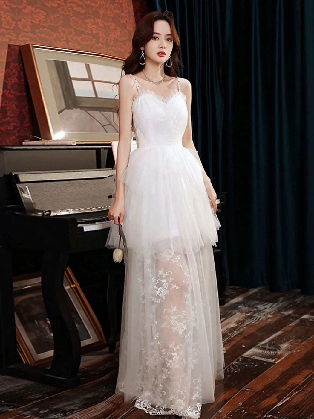 White A line tulle lace long prom dress lace long formal dress