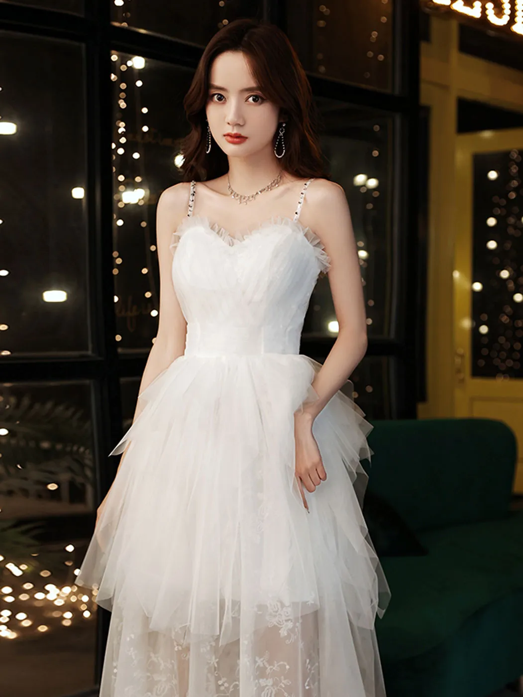 White A line tulle lace long prom dress lace long formal dress