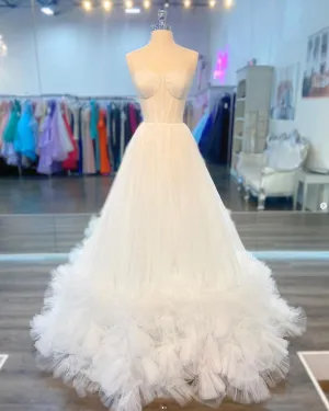 White A line tulle long prom dress white formal dress