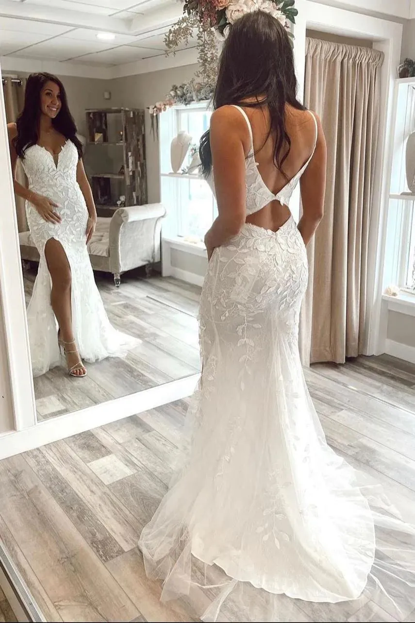 White Mermaid Lace Prom Dresses Long Evening Dresses with Split