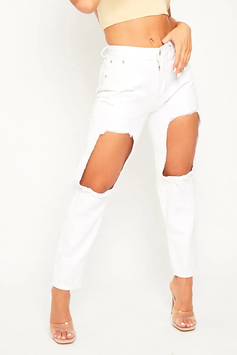 White Thigh Rip Mom Jeans - Ellisen