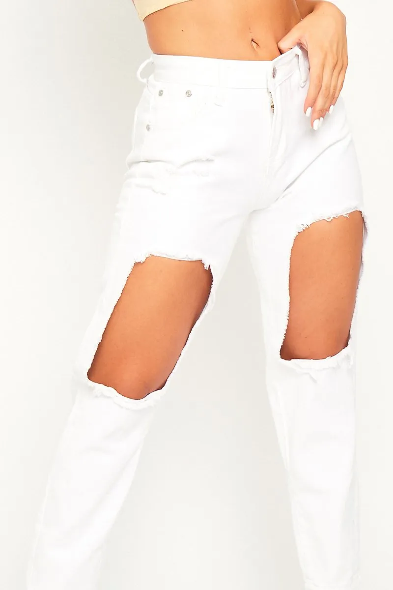 White Thigh Rip Mom Jeans - Ellisen
