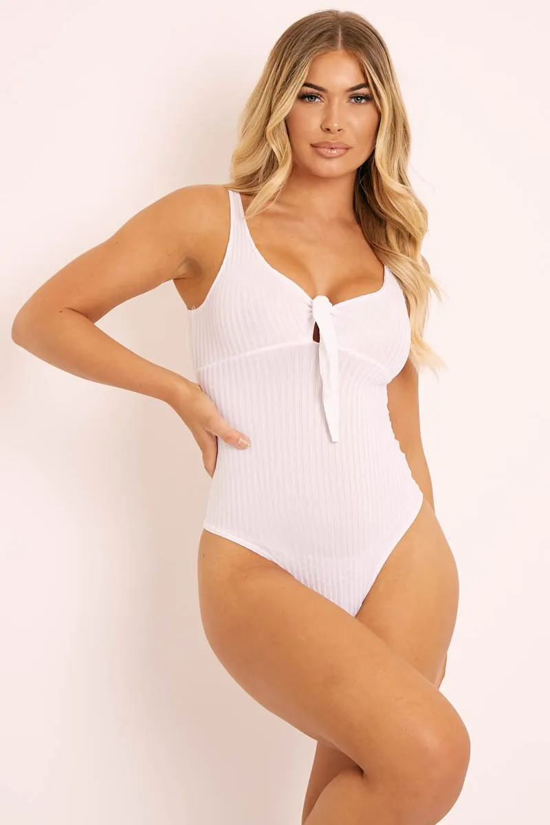 White Tie Bow Ribbed Bodysuit - Maddix