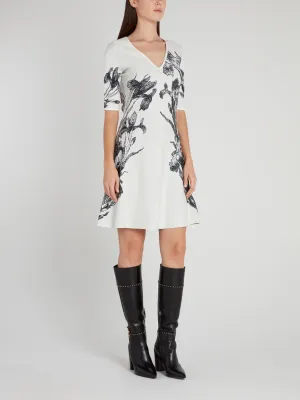 White V-Neck Floral Knit Dress