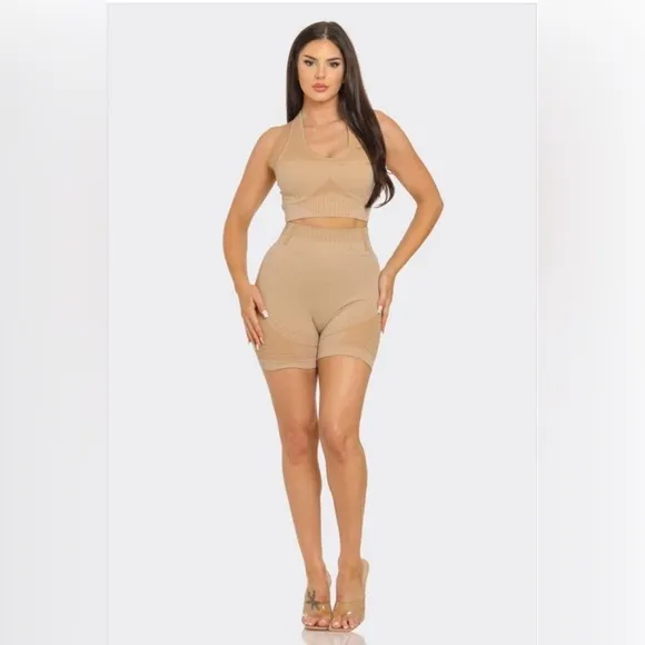 White/Tan Athletic Tank Top Sports Bra High Waisted Biker Shorts Lounge Wear