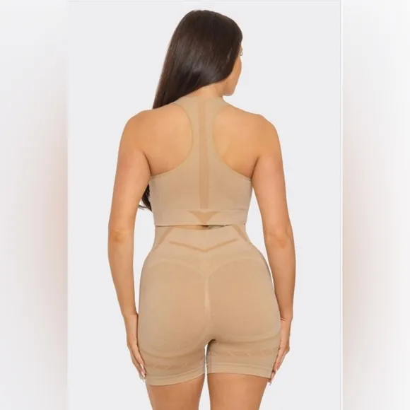 White/Tan Athletic Tank Top Sports Bra High Waisted Biker Shorts Lounge Wear