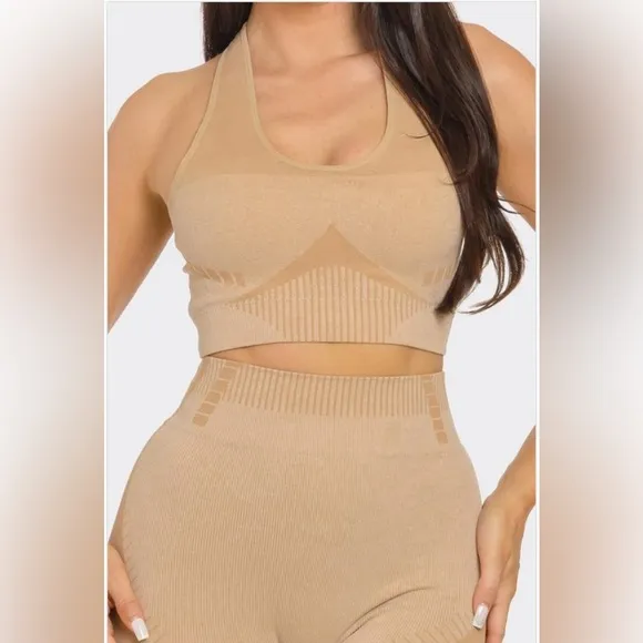 White/Tan Athletic Tank Top Sports Bra High Waisted Biker Shorts Lounge Wear