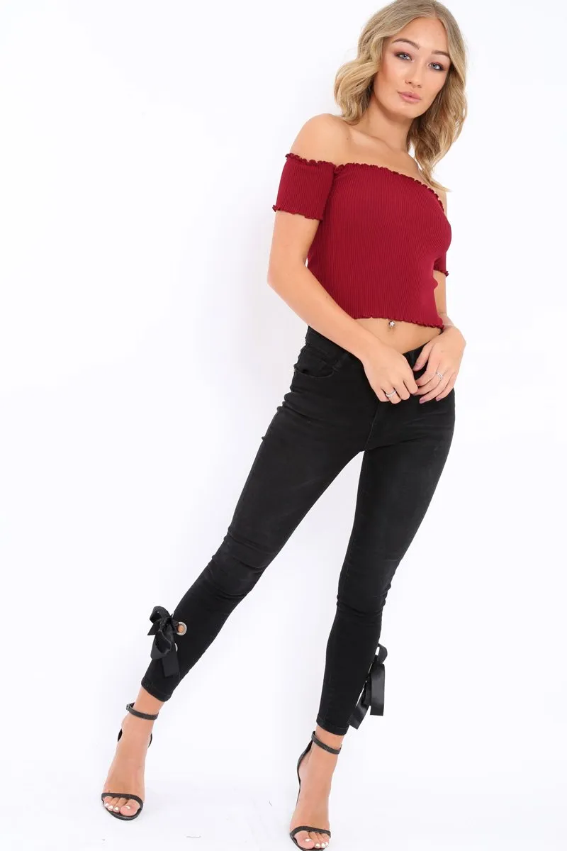 Wine Ribbed Frill Hem Bardot Crop Top - Adelle