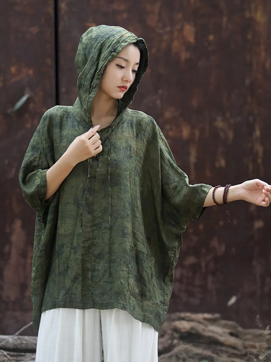 Women Summer Vintage Tie-dye Batwing Sleeve Hooded Shirt