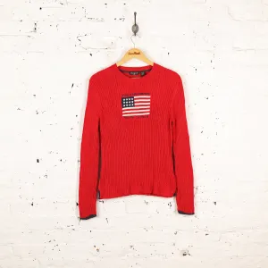Women's 90s Ralph Lauren Polo Jeans Flag Ribbed Knit Jumper - Red - Women's XL