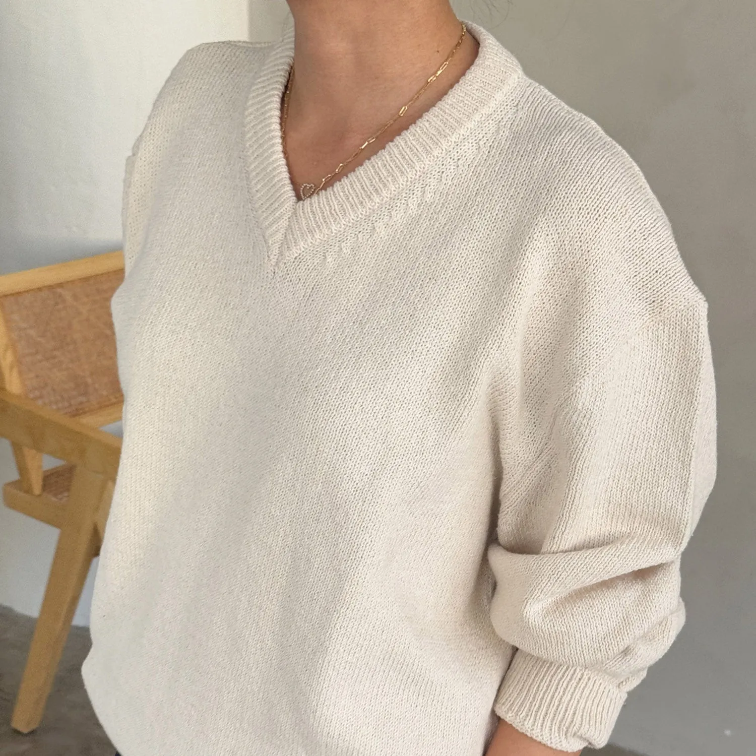 Women's Cotton Gabby V Neck Sweater - Naturel