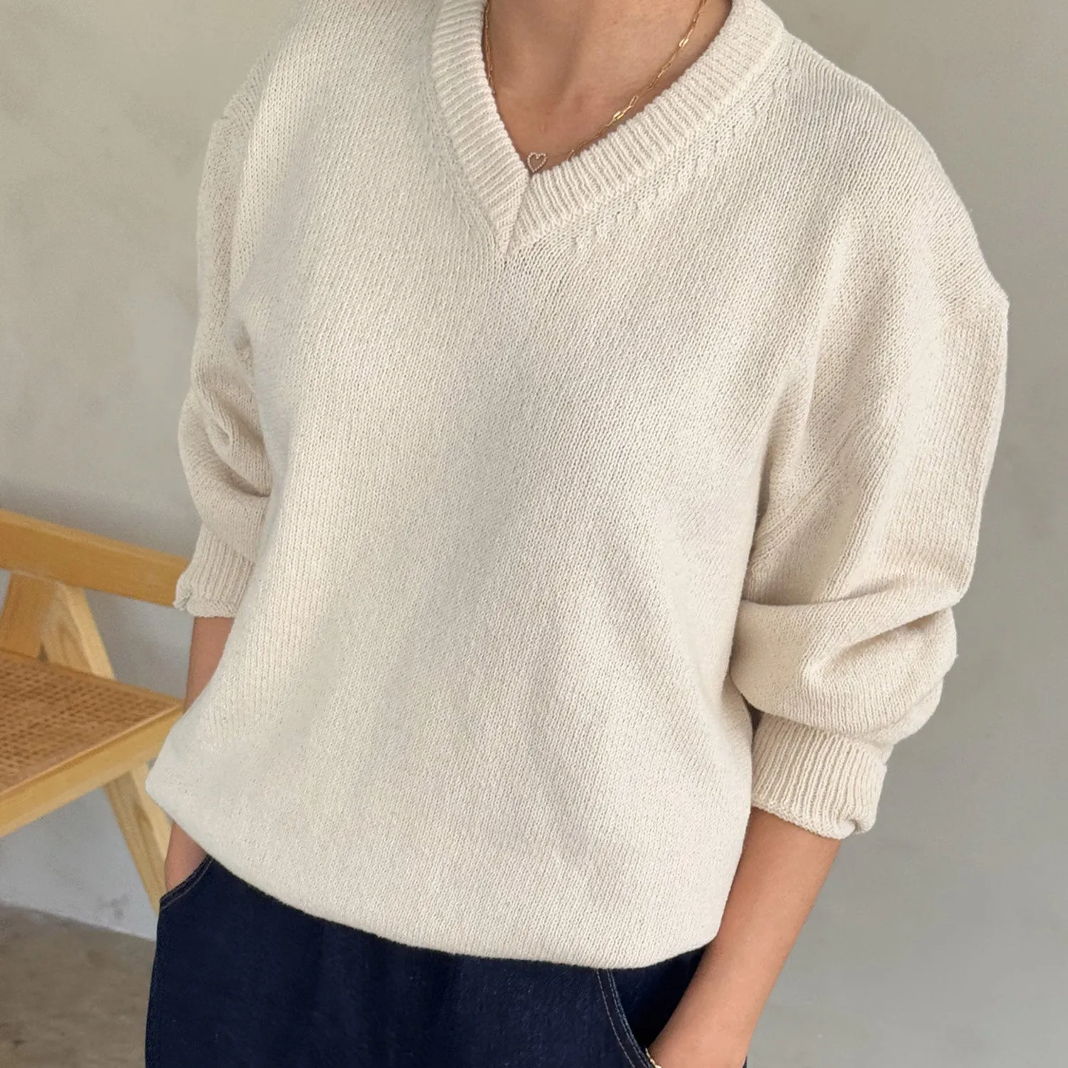 Women's Cotton Gabby V Neck Sweater - Naturel
