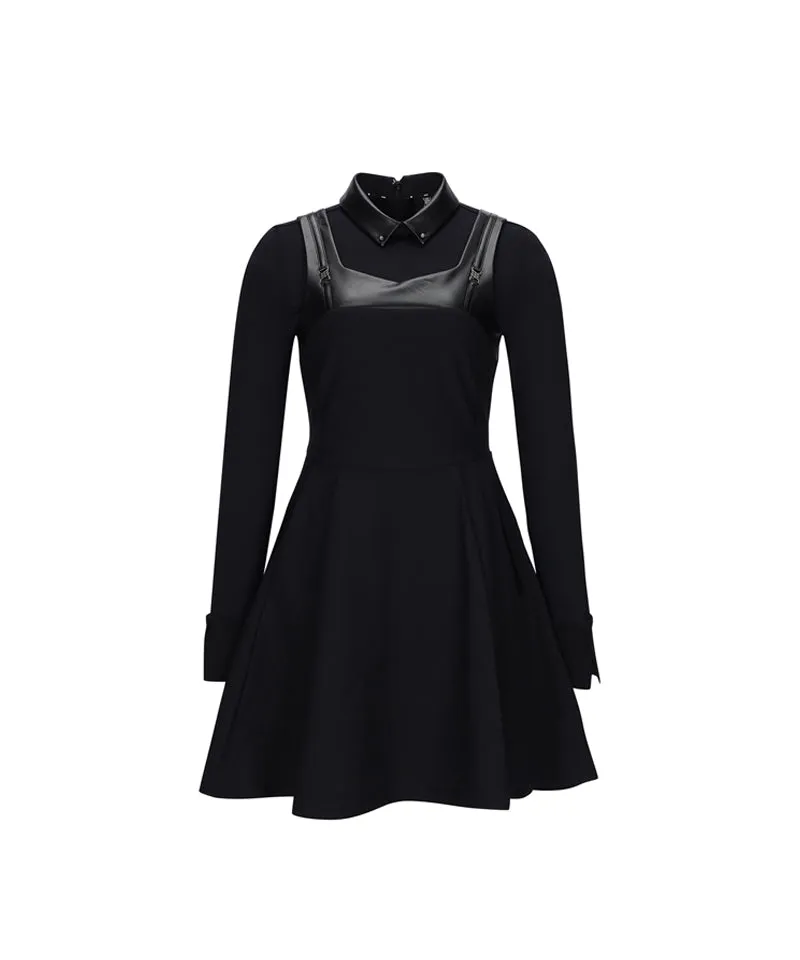 Women's  Leather Mixed One-Piece - Black