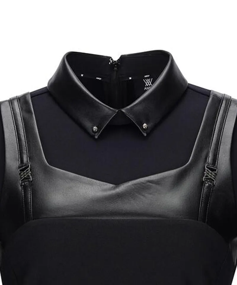 Women's  Leather Mixed One-Piece - Black