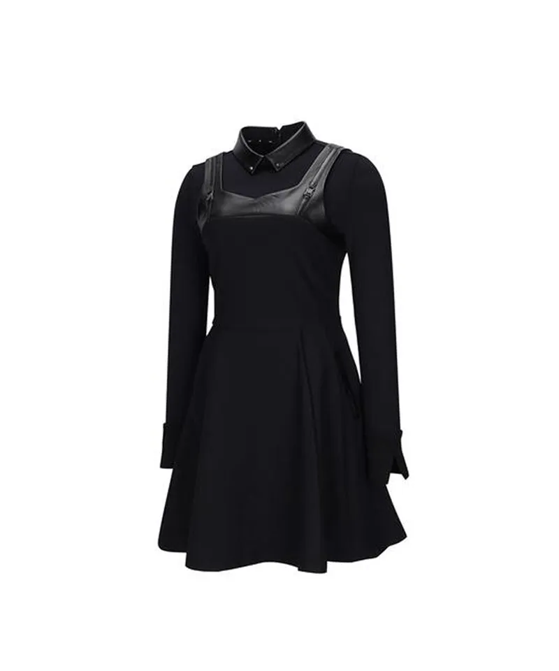 Women's  Leather Mixed One-Piece - Black