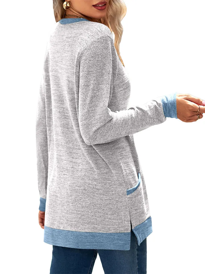 Women's Leisure Crew Neck Long Sleeve Fitted Shirt with Pocket