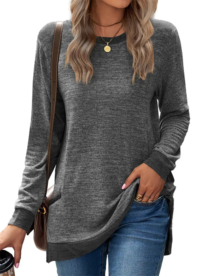 Women's Leisure Crew Neck Long Sleeve Fitted Shirt with Pocket