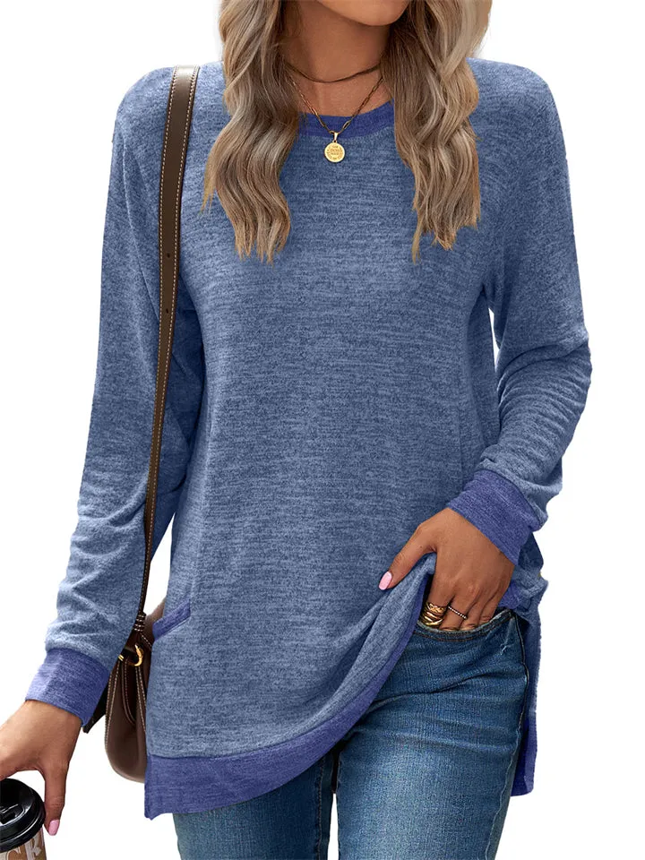 Women's Leisure Crew Neck Long Sleeve Fitted Shirt with Pocket