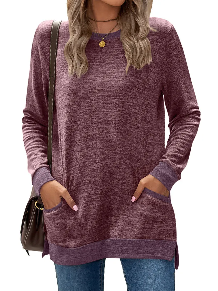 Women's Leisure Crew Neck Long Sleeve Fitted Shirt with Pocket