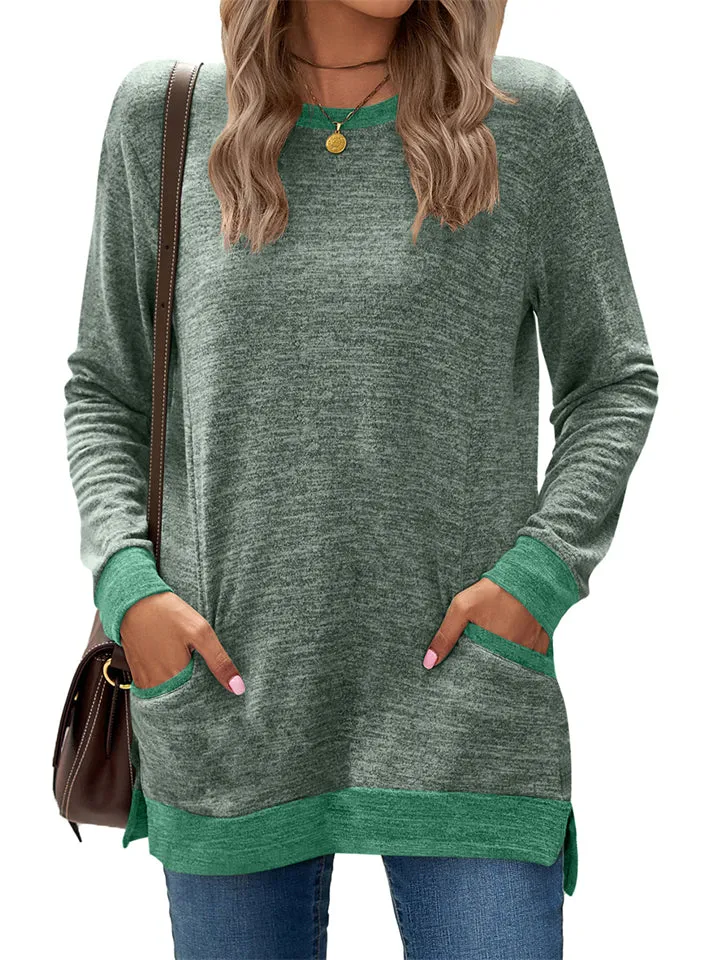 Women's Leisure Crew Neck Long Sleeve Fitted Shirt with Pocket