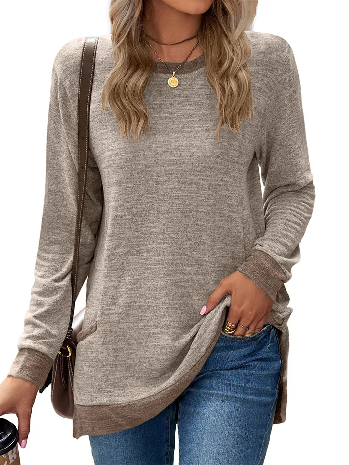 Women's Leisure Crew Neck Long Sleeve Fitted Shirt with Pocket
