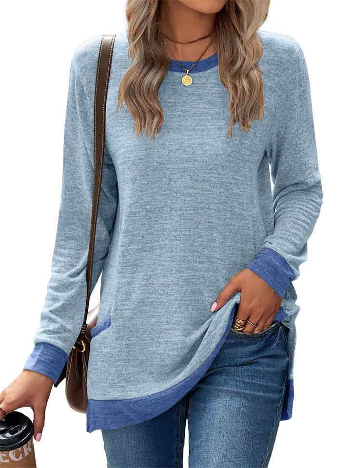 Women's Leisure Crew Neck Long Sleeve Fitted Shirt with Pocket