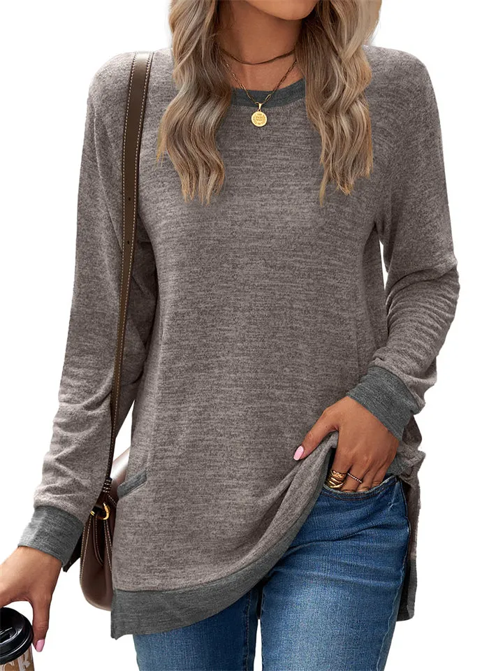 Women's Leisure Crew Neck Long Sleeve Fitted Shirt with Pocket