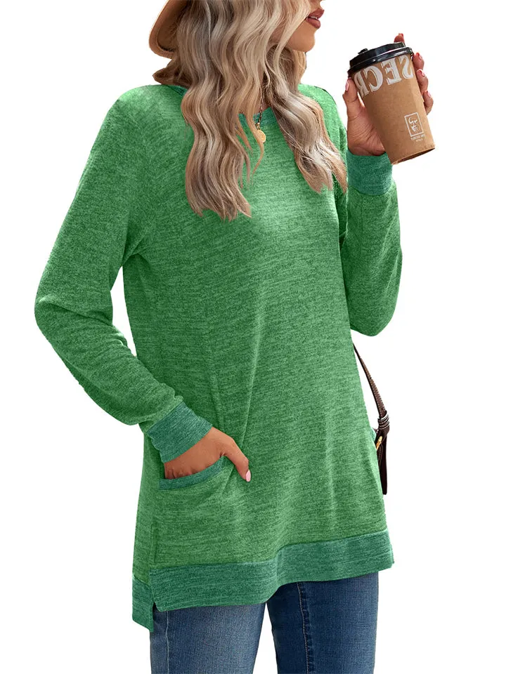Women's Leisure Crew Neck Long Sleeve Fitted Shirt with Pocket