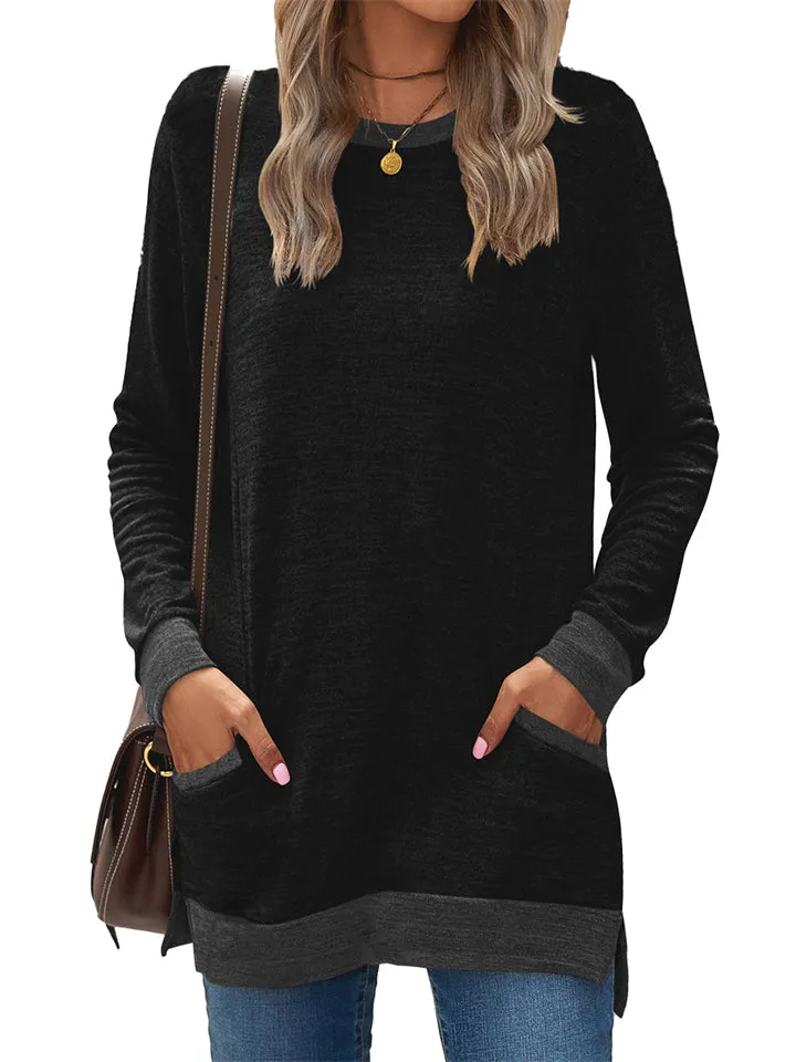 Women's Leisure Crew Neck Long Sleeve Fitted Shirt with Pocket