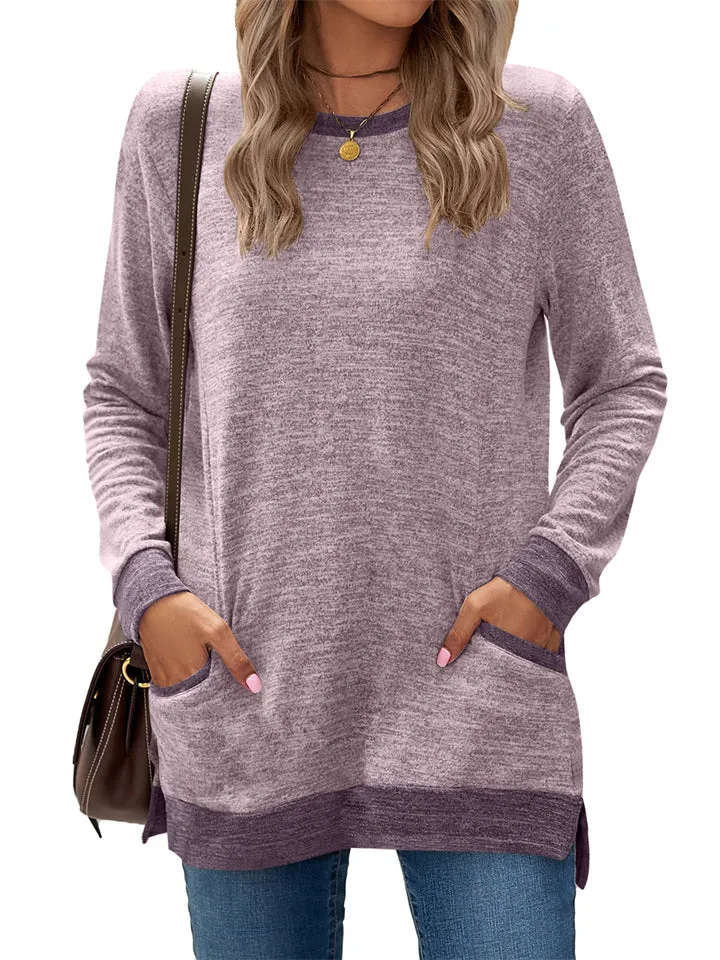 Women's Leisure Crew Neck Long Sleeve Fitted Shirt with Pocket