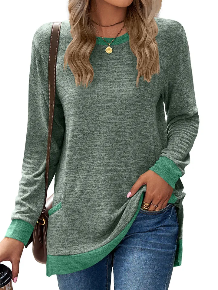 Women's Leisure Crew Neck Long Sleeve Fitted Shirt with Pocket